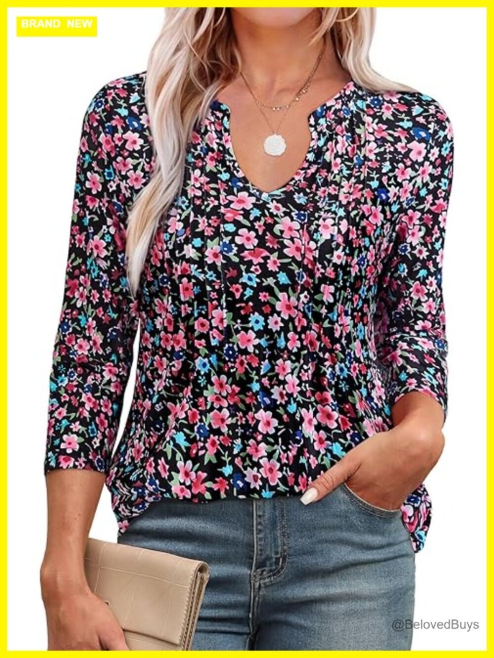 3/4 Sleeve V Neck Peasant Tunic Blouse Business Casual Work Top